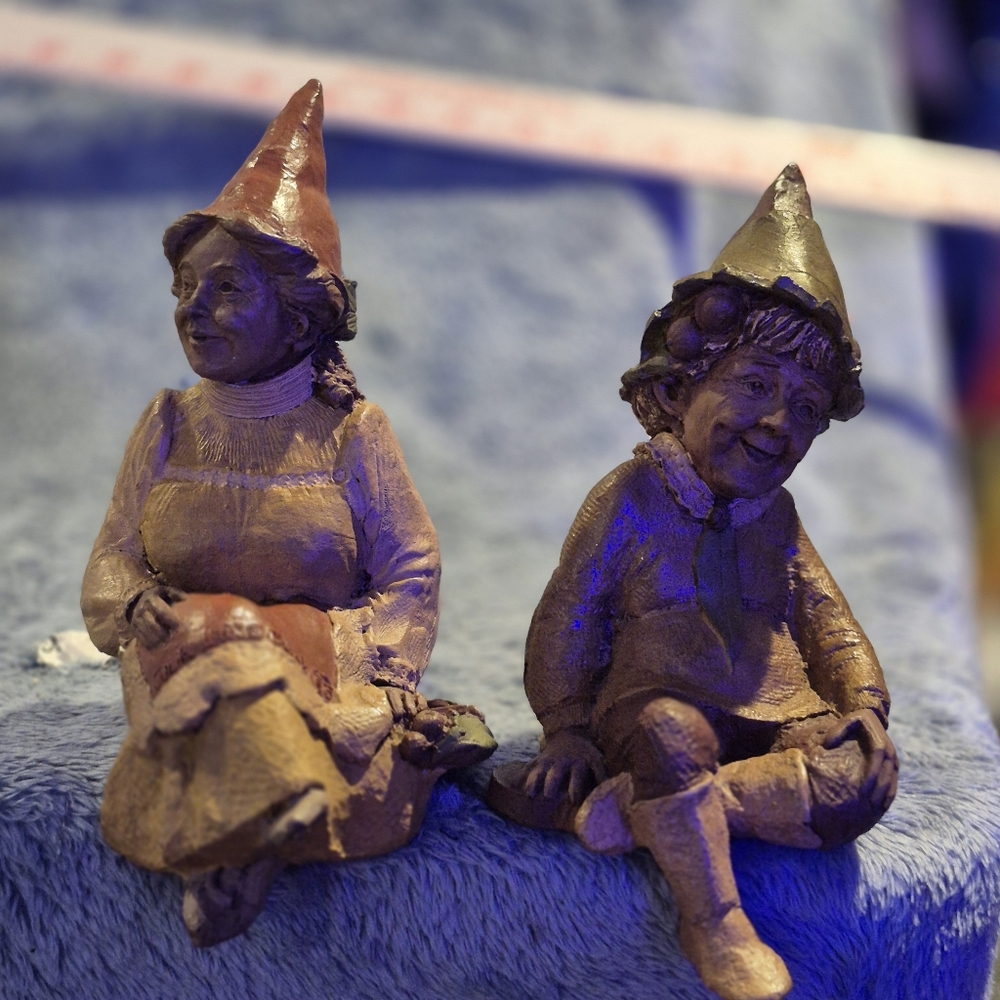 Pair of Vintage Sculpted Shelf Sitting Gnomes By Tom Clark  Numbered & Signed